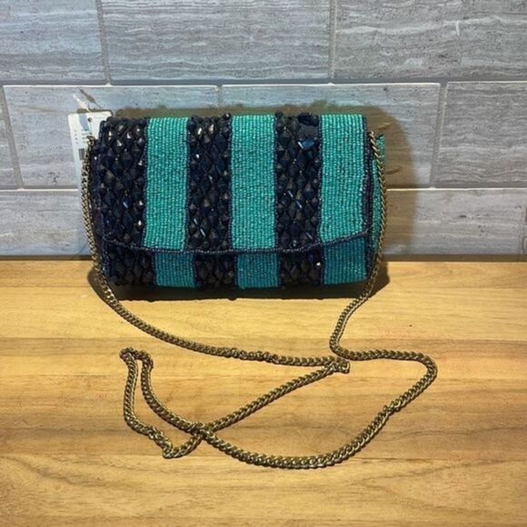 NWT Anthropologie Preppy Beaded Clutch Purse Navy Turquoise Stripe - Picture 2 of 13